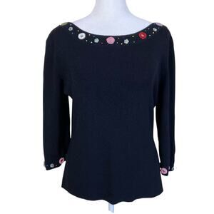 Josehp A. Vtg 90s Retro Boat Neck Jersey Knit Sweater with Crocheted Flowers